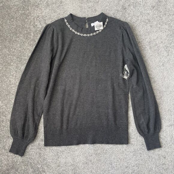 Liz Claiborne Sweaters - Liz Claiborne Sweater Womens XS Grey Crystal Pearl Detail Soft Knit Top NEW